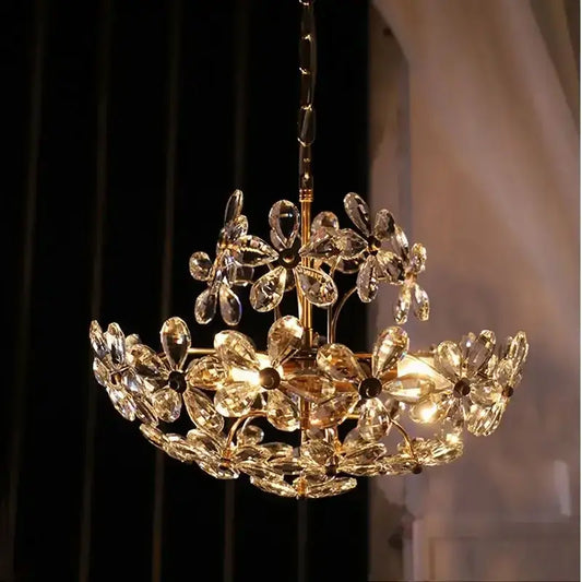 Modern gold crystal flower pendant chandelier with two-tiered faceted crystals and golden metal accents for living room decorbites crystal flower