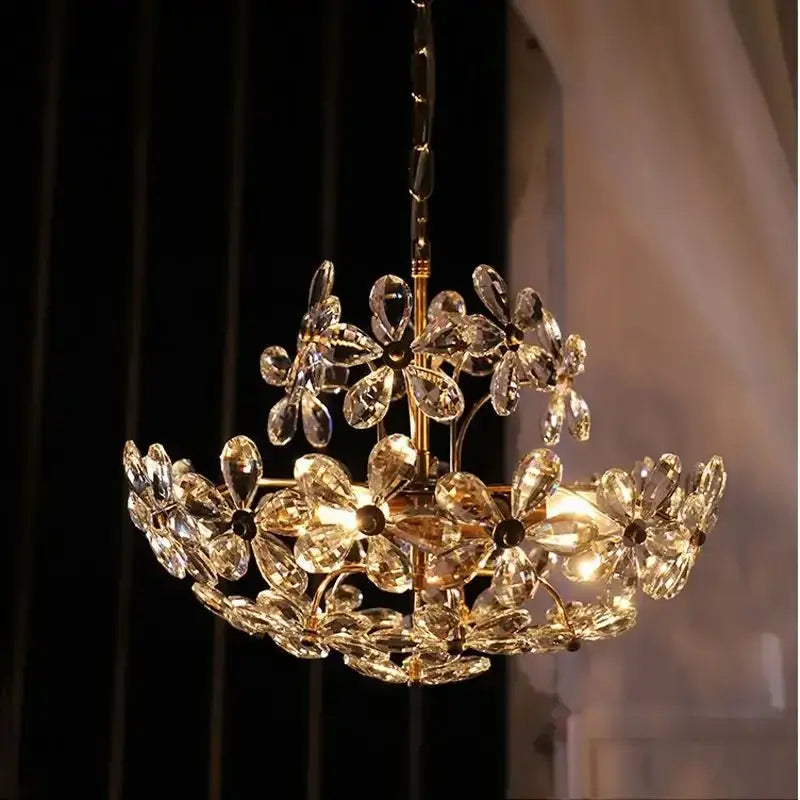 Modern gold crystal flower pendant chandelier with two-tiered faceted crystals and golden metal accents for living room decorbites crystal flower