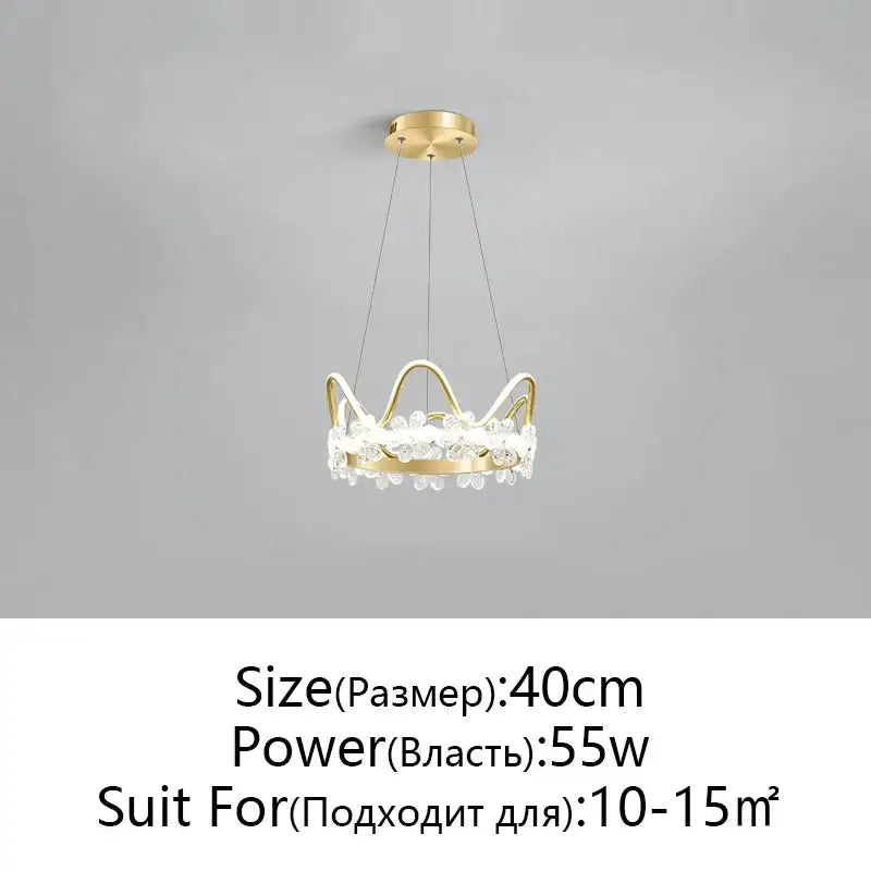 Modern gold crystal flower ring chandelier featuring a gold-toned crown pendant light with clear crystal accents
