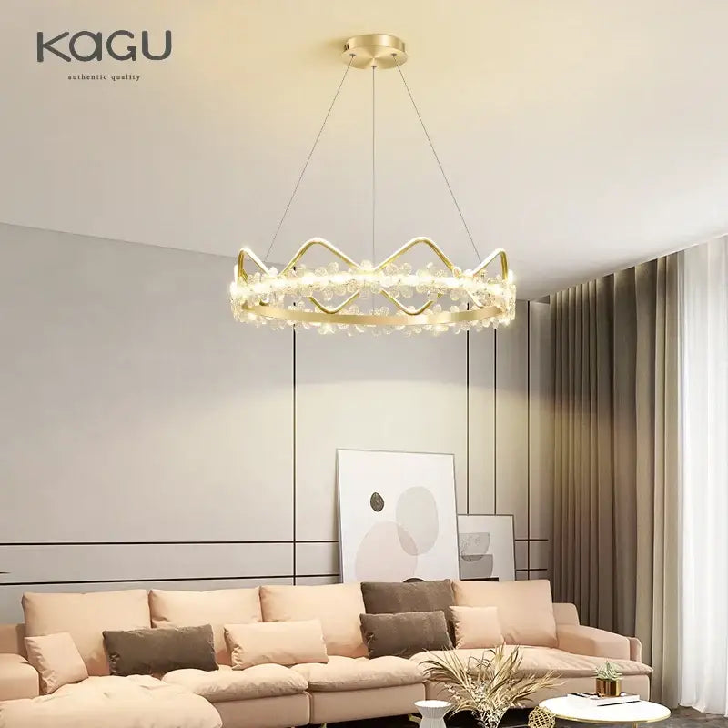 Modern gold crystal flower ring chandelier with crown design and clear crystals for living room decorbites crystal flower