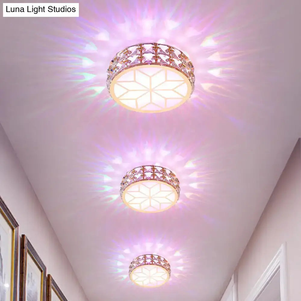 DecorBites™ champagne flush mount ceiling light with gold crystal frame emitting soft pinkish-purple glow for passageways