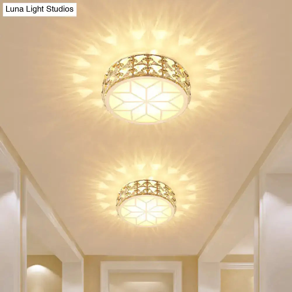 Decorbites champagne flush mount ceiling light with gold-toned crystal frame and frosted glass diffuser for passageway