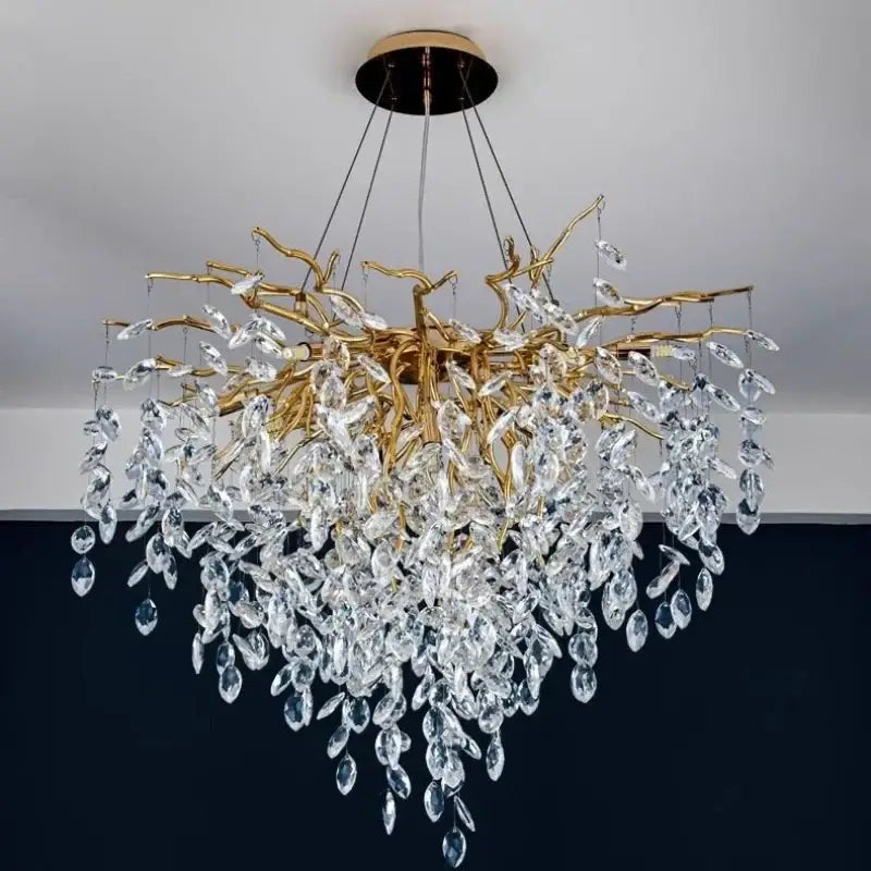 Modern gold crystal g9 chandelier with cascading clear crystal leaves in branch style for living room decorbites crystal lighting