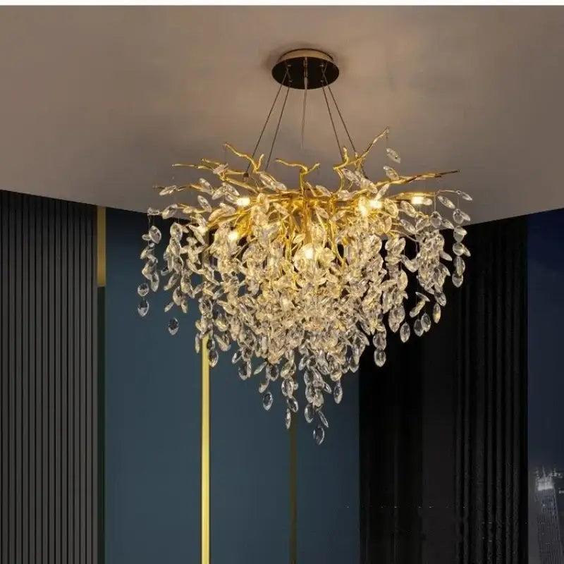 Modern gold crystal g9 chandelier featuring branch-style design with cascading clear crystal droplets for living room decorbites crystal lighting