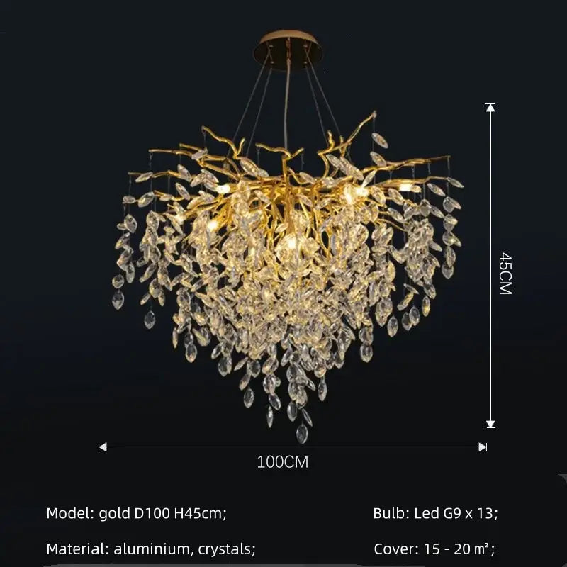 Modern gold crystal g9 chandelier with branching aluminum frame and cascading clear crystals for living room decorbites decor