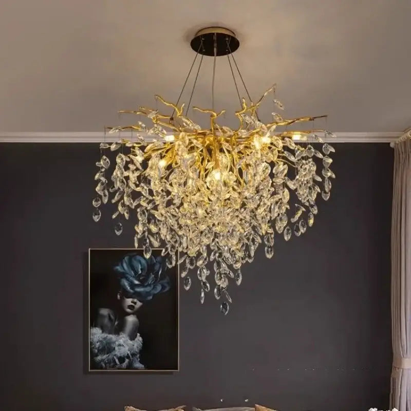 Modern gold crystal g9 chandelier featuring a branch-style design with cascading clear crystal droplets for living room decorbites crystal lighting