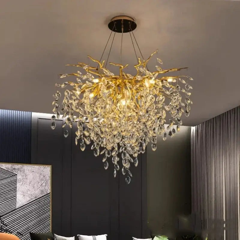 Modern gold crystal g9 chandelier with branch-style design and cascading clear crystal droplets for living room decorbites crystal lighting