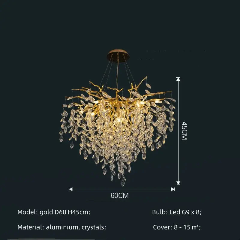 Modern gold crystal g9 chandelier with branching design and dangling clear crystals for living room decorbites crystal lighting