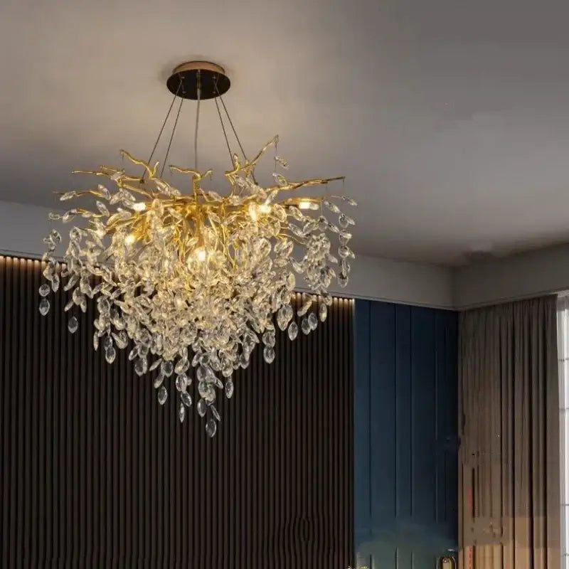 Modern gold crystal g9 chandelier with branch-style design and cascading clear crystal droplets for living room decorbites crystal lighting
