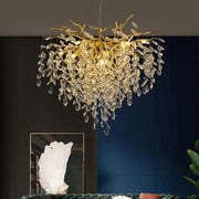 Modern gold crystal g9 chandelier with cascading clear crystal leaves designed for living room decorbites crystal lighting