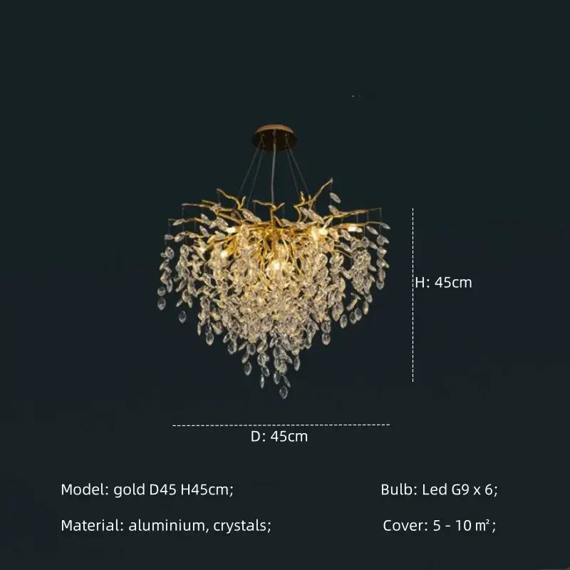 Modern gold crystal g9 chandelier with branching aluminum frame and cascading clear crystals for living room decorbites decor