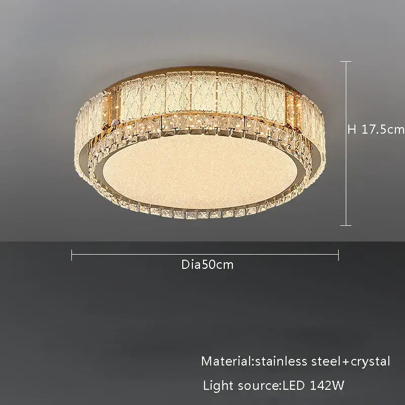 Modern gold crystal glass ceiling light fixture featuring a gold-toned stainless steel frame and decorbites crystal glass accents