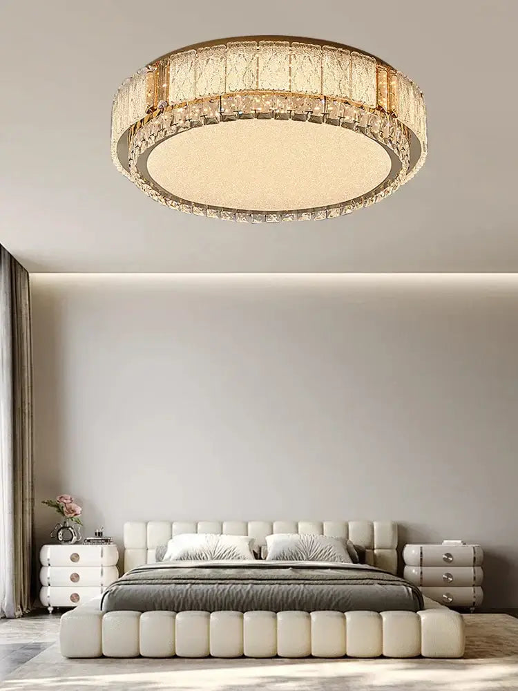Modern gold light fixture with crystal glass ceiling design and decorbites crystal glass accents for living room decor