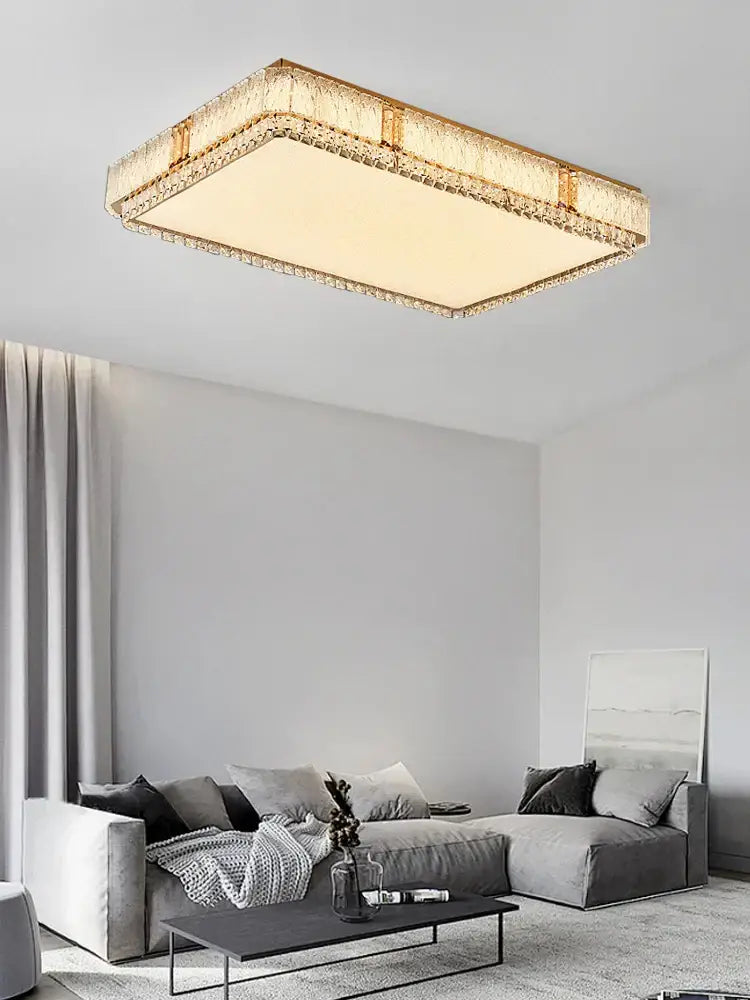 Rectangular gold crystal glass ceiling light fixture with textured translucent panels for modern living room decorbites decor