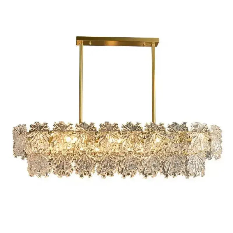 Modern gold crystal glass led pendant dining room chandelier with gold-toned rectangular frame and faceted glass petals