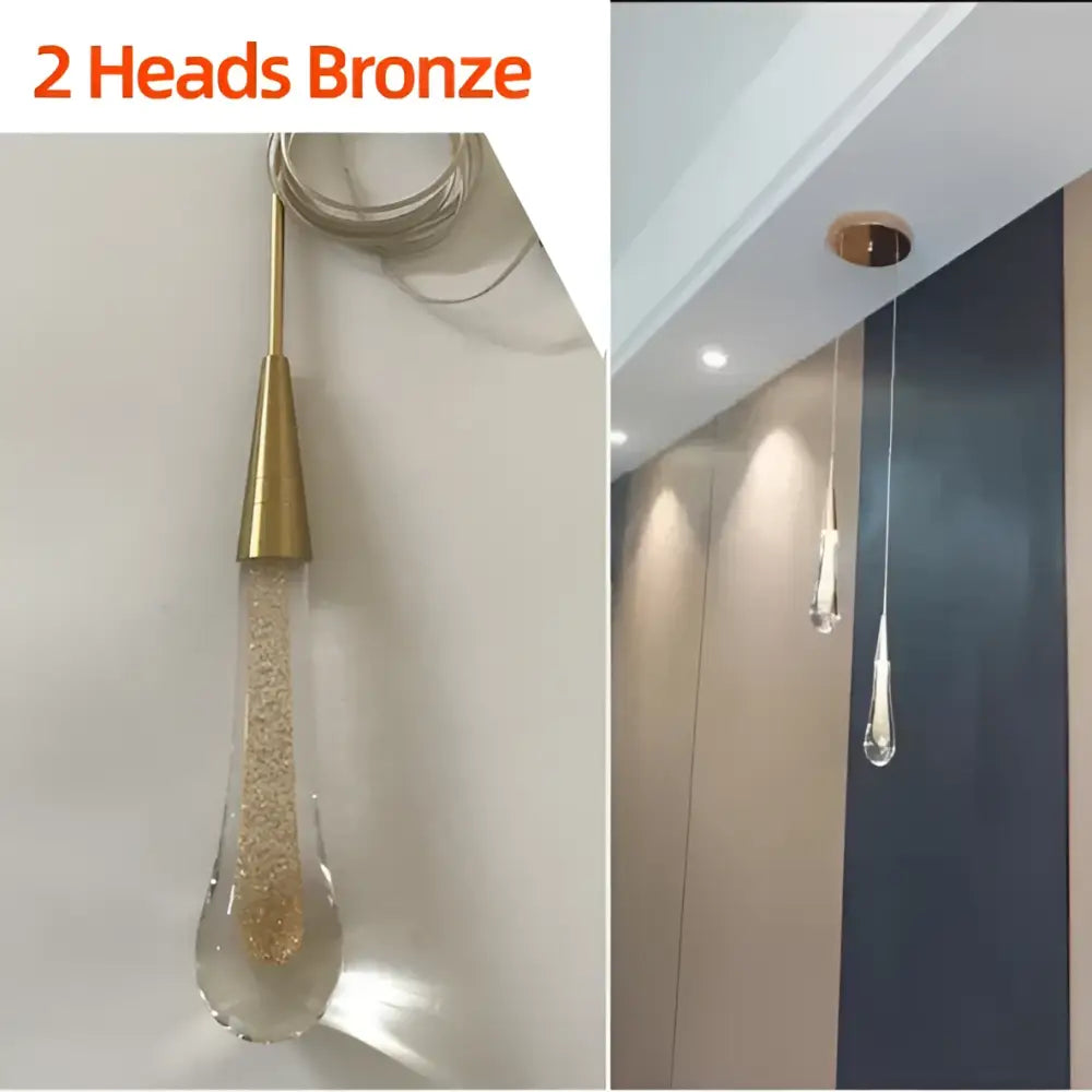 Modern gold crystal glass led pendant lights with gold-toned bronze and teardrop glass filled with glitter for dining room decorbites