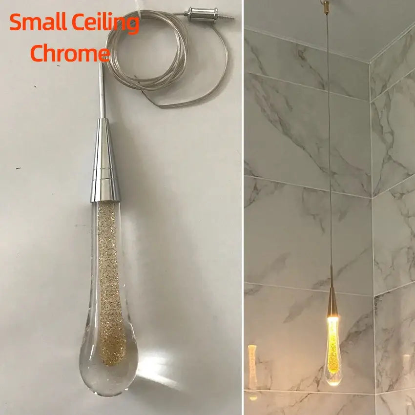 Chrome-finished modern gold crystal glass led pendant light with teardrop shape filled with golden glitter for dining room decorbites crystal glass pendant lights