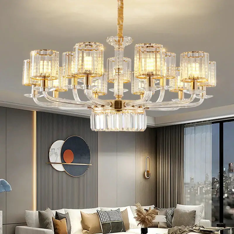 Modern gold pendant lamp with crystal glass and cylindrical shades for dining room decorbites crystal glass lighting