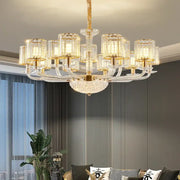 Modern gold crystal glass pendant lamp with elegant cylindrical shades and gold-toned metal for dining room decorbites crystal glass