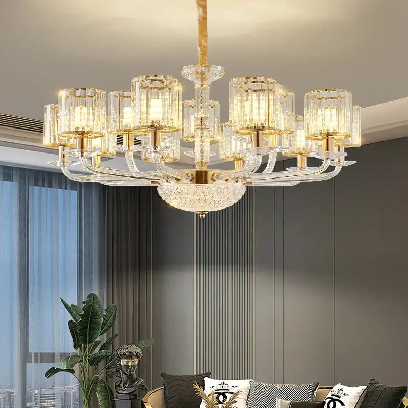 Modern gold crystal glass pendant lamp with elegant cylindrical shades and gold-toned metal for dining room decorbites crystal glass