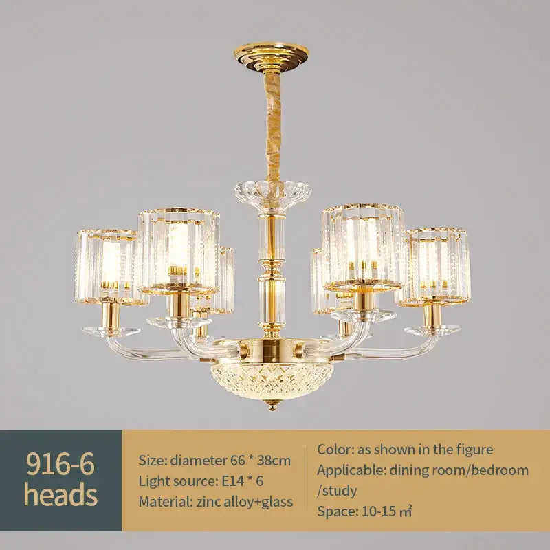 Elegant six-head pendant lamp with gold-finished zinc alloy frame and clear crystal glass shades for dining room decorbites crystal glass