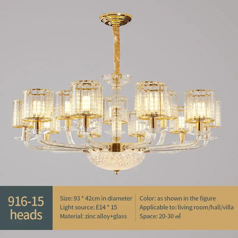 Elegant gold pendant lamp with 15 crystal glass cylinder shades and zinc alloy base for dining room decorbites crystal glass