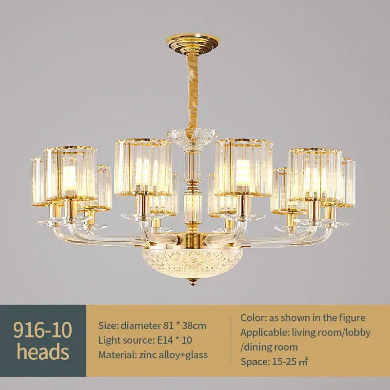 Modern gold crystal glass pendant lamp with ten cylindrical shades and zinc alloy base for dining room decorbites crystal glass