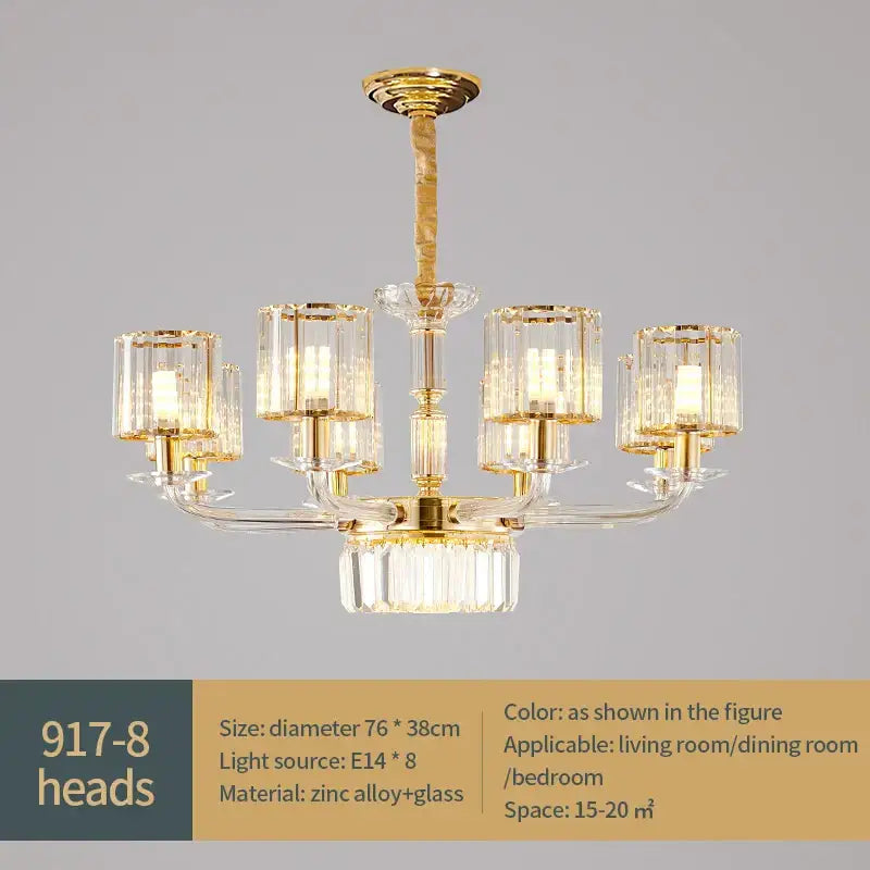 Modern gold crystal glass pendant lamp with eight crystal-encased lights and zinc alloy frame for dining room decorbites crystal glass