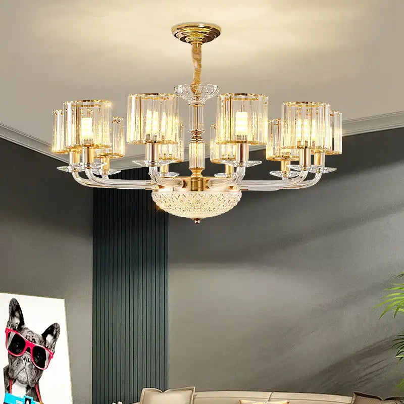 Modern gold pendant lamp with clear crystal glass shades and a central decorative bowl for dining room decorbites crystal glass