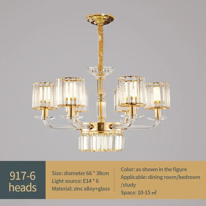 Modern gold crystal glass pendant lamp for dining room with six crystal-encased fixtures and zinc alloy design by decorbites crystal glass