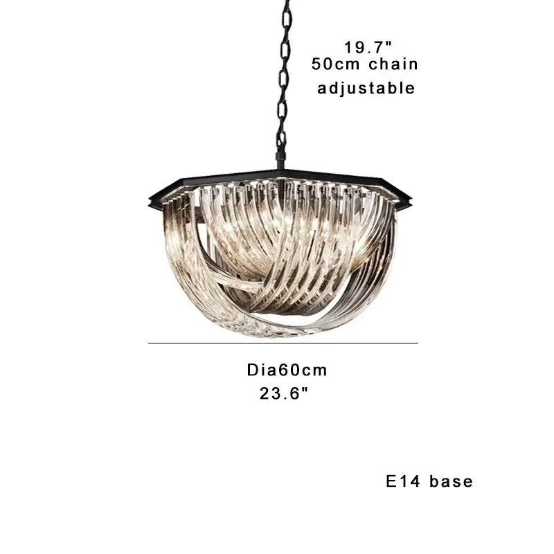 Modern gold crystal glass pendant lights featuring a black metal frame and cascading decorbites crystal glass ribbons chandelier