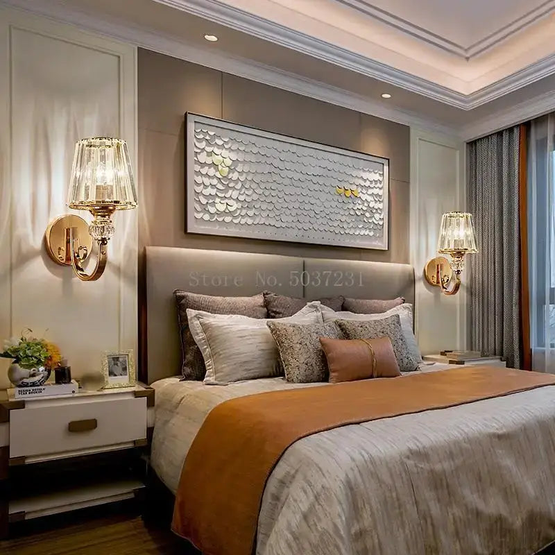 Modern gold crystal glass wall lamp featuring a tiered crystal glass wall sconce for luxury bedroom decorbites lighting