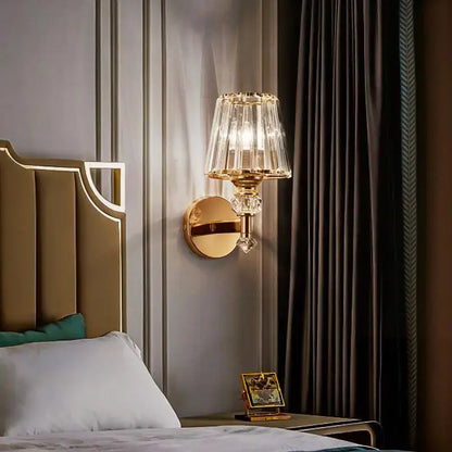 Modern gold crystal glass wall lamp with faceted crystal shade and decorative crystal accents for bedroom decorbites wall lamp
