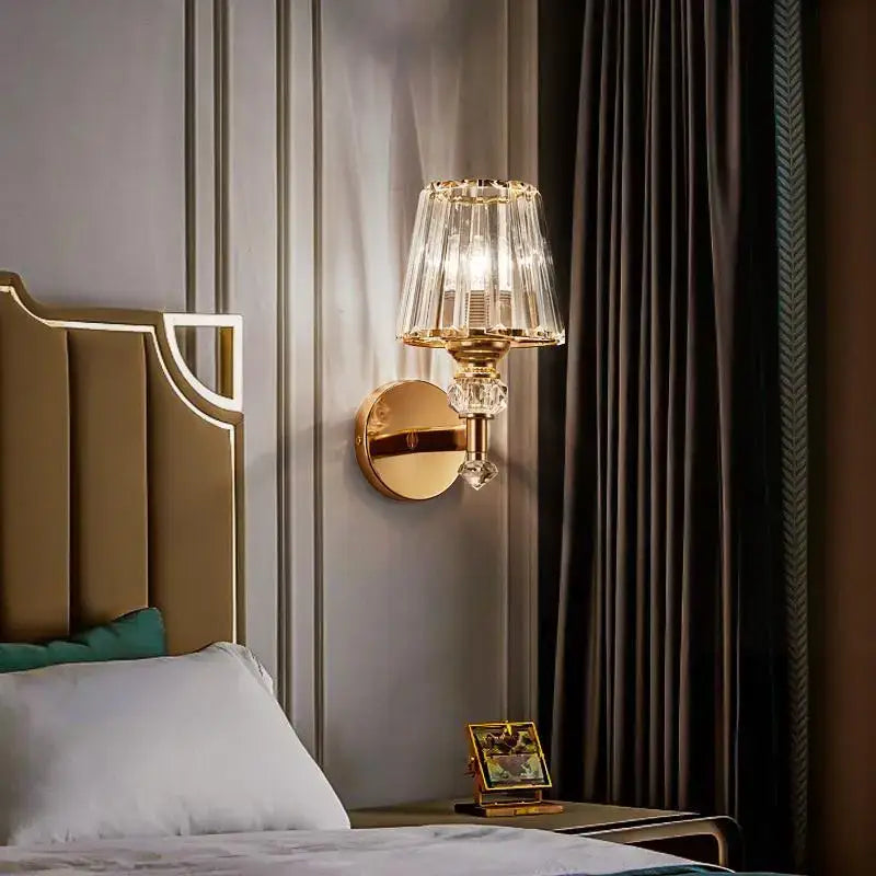 Modern gold crystal glass wall lamp with faceted crystal shade and decorative crystal accents for bedroom decorbites wall lamp