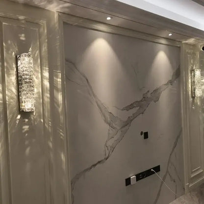 Modern gold crystal glass wall sconce with sleek rectangular design and warm glow light for bedroom decorbites crystal glass wall