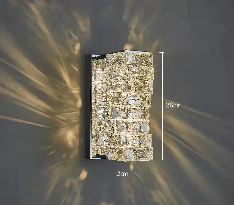 Modern gold crystal glass wall sconce with faceted decorbites crystal glass and sleek chrome frame for warm bedroom light