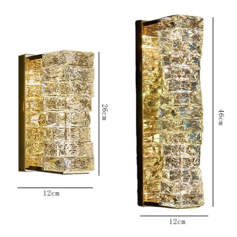 Modern gold wall sconce with decorbites crystal glass stacked design and warm led lighting for bedroom decor
