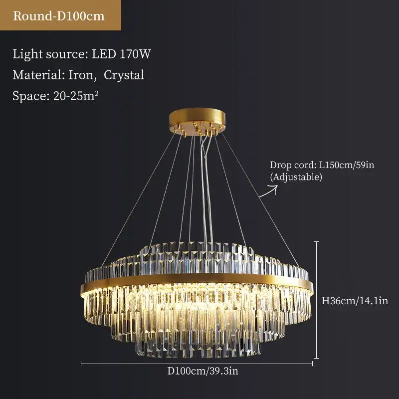 Modern gold crystal hanging lamp featuring multiple tiers of clear crystal prisms on an iron frame decorbites crystal hanging