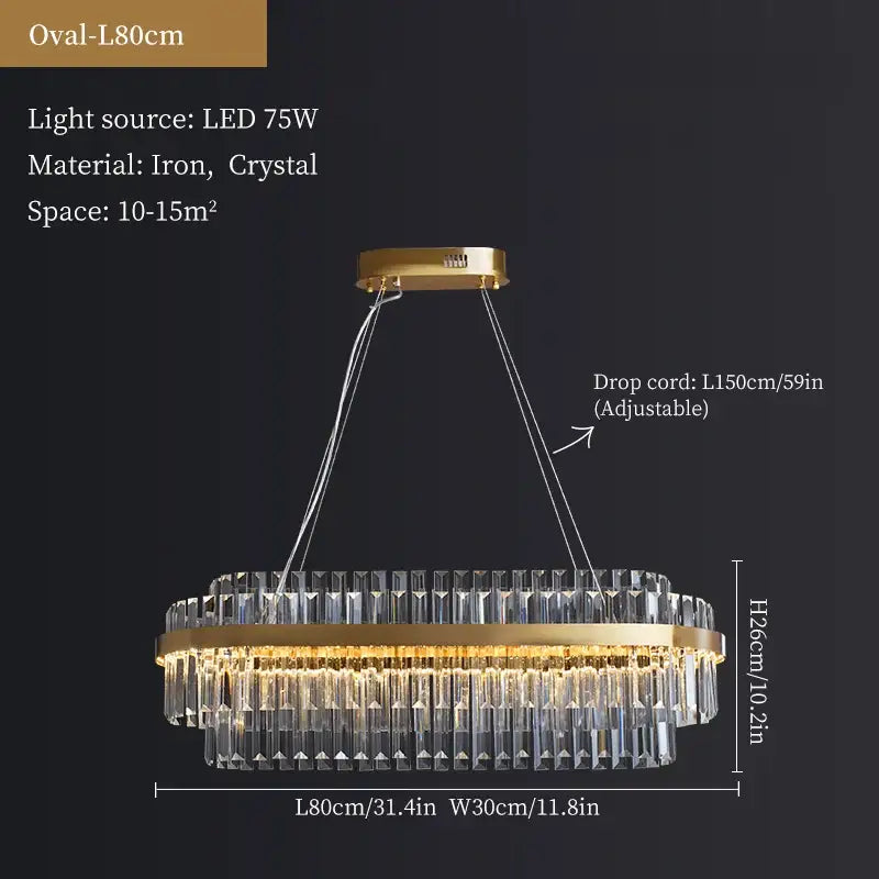 Modern gold crystal hanging lamp with gold-toned oval chandelier and cascading crystal prisms by decorbites crystal hanging