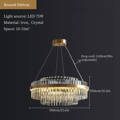 Modern gold crystal hanging lamp with cascading prisms and iron frame perfect for living room decorbites crystal hanging