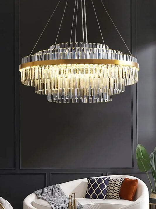 Modern gold crystal hanging lamp living room chandelier with two-tiered clear crystal prisms by decorbites crystal hanging
