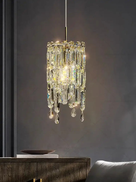 Modern gold crystal headboard chandelier with cascading clear glass prisms and gold metal frame by decorbites crystal headboard