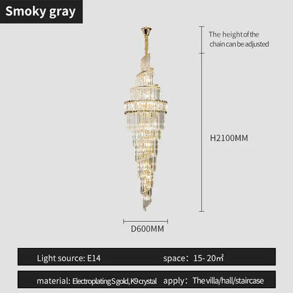 Elegant smoky gray decorbites crystal hollow chandelier with gold electroplated metal and clear crystals for living room decor