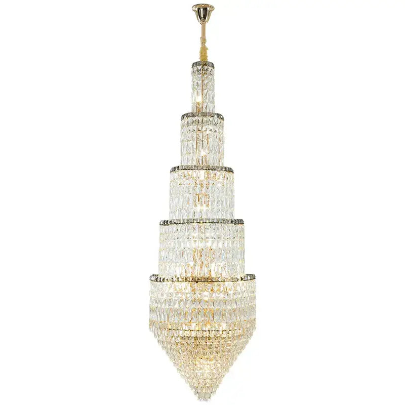 Modern gold crystal hollow long chandelier with a multi-tiered frame and cascading clear faceted crystals for villa hall lighting