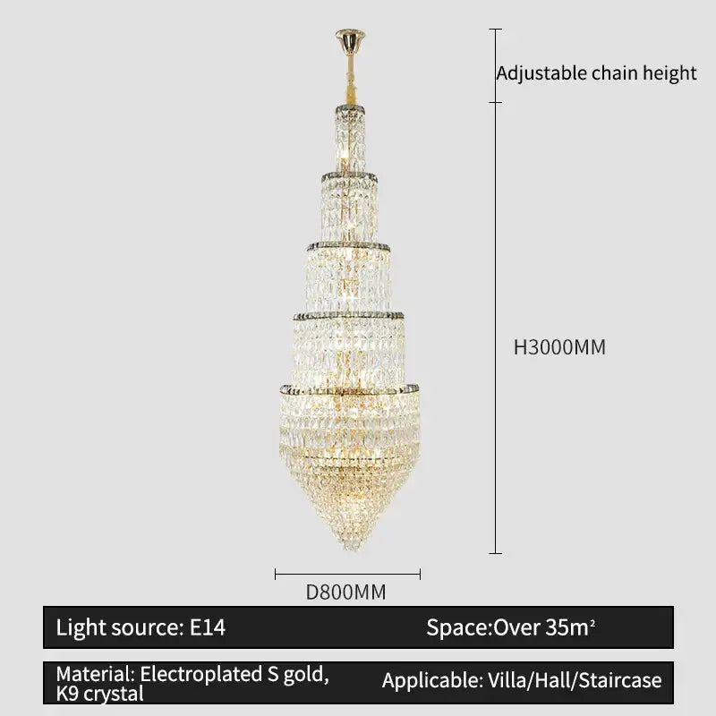 Modern gold crystal hollow long chandelier with tiered clear k9 crystal and electroplated gold accents for villa hall lighting