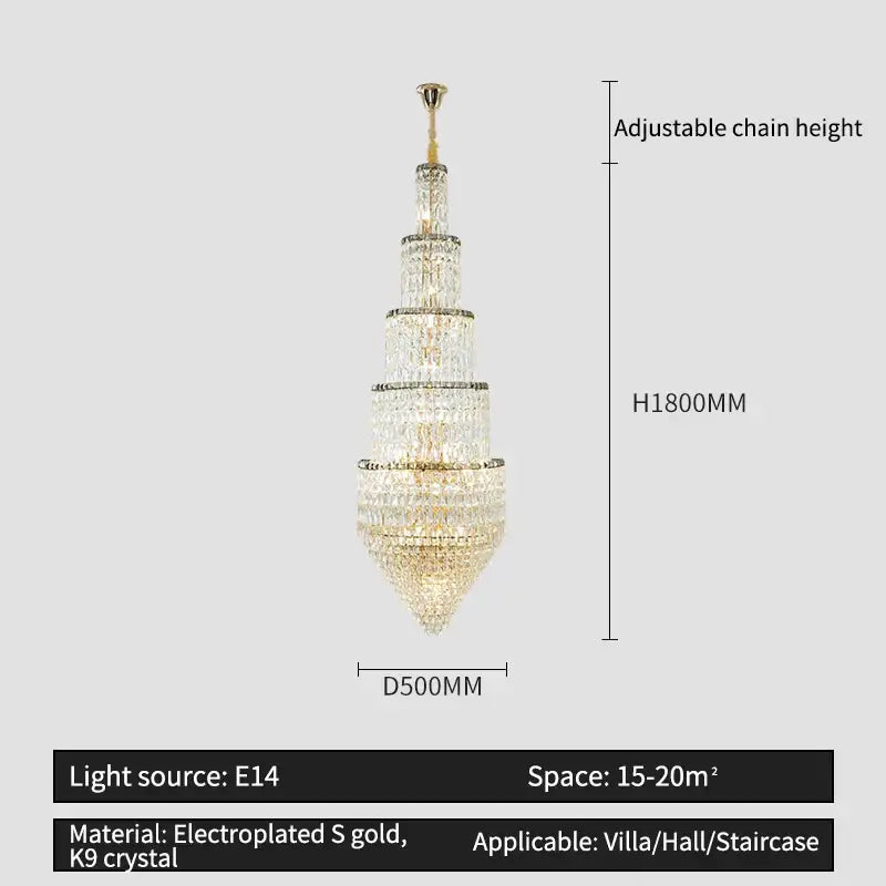 Modern gold crystal hollow long chandelier with tiered design and cascading k9 crystal elements for villa hall lighting