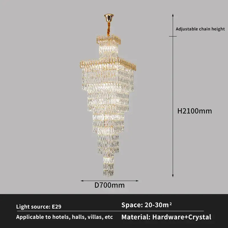 Modern gold crystal hollow stair chandelier with a multi-tiered design and hanging chains, 2100mm height decorbites crystal hollow