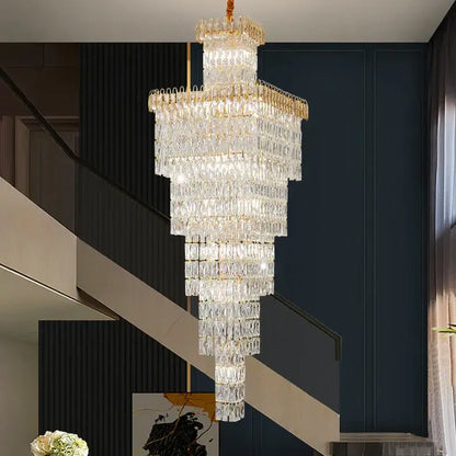Modern gold crystal hollow stair chandelier with multi-tiered crystal and gold-toned accents for elegant decorbites stair lighting