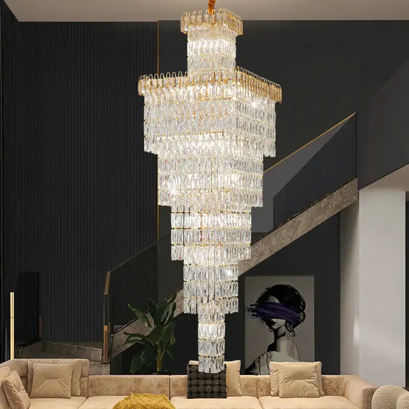 Modern gold crystal hollow stair chandelier with multi-tiered design and elegant decorbites crystal hollow accents