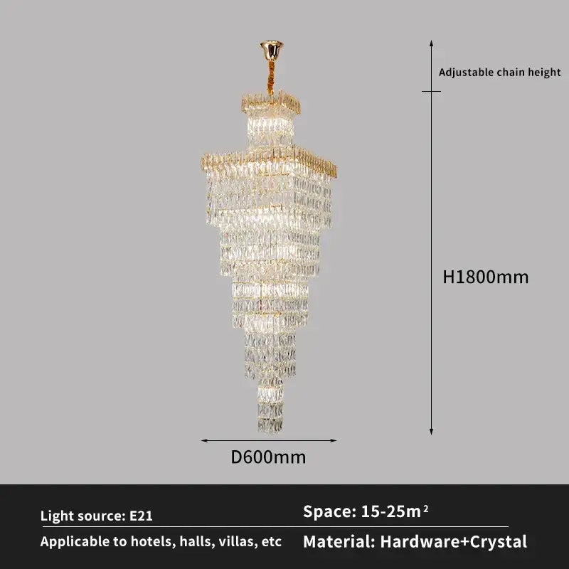 Modern gold crystal hollow stair chandelier with multi-tiered crystals and adjustable chain decorbites crystal hollow design